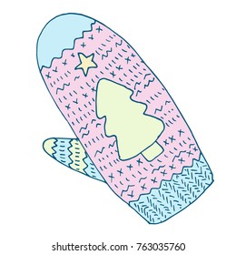 Vector hand made mitten. Cute decorative sketch with Christmas tree