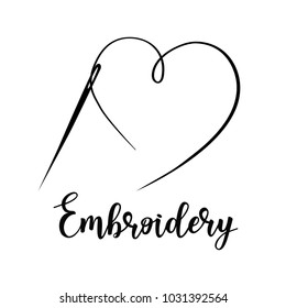 Vector hand made symbol in trendy line style isolated on white background. Embroidery with needle. Logo in linear style.
