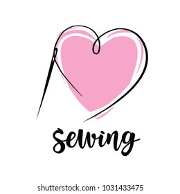 Vector hand made symbol in trendy line style isolated on white background. Sewing with needle. Logo in linear style.