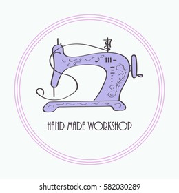 Vector hand made symbol in trendy line style isolated on white background. Sewing Machine. Icon in linear style.