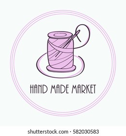 Vector hand made symbol in trendy line style isolated on white background. Clew and needles. Icon in linear style.