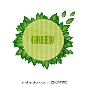 Vector hand made vintage paper textured round banner / badge with green leaves