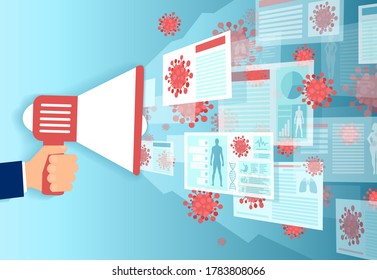 Vector de una mano con megáfono que difunde noticias en medios sociales sobre la infección por el Coronavirus 