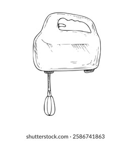 Vector hand mixer. Graphic ink Plastic kitchen tool illustration isolated on background. Hand drawn line sketch. For designers, prints, logo, icon, menu, postcards, holiday, covers