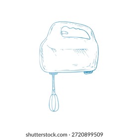 Mezclador de mano de Vector. Tinta gráfica Plástico ilustración de la herramienta de cocina aislado sobre fondo. Boceto de línea dibujado a mano. Para los diseñadores, impresiones, logotipo, icono, menú, postales, vacaciones, cubiertas
