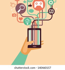 Vector hand and mobile phone with internet icons - illustration in flat retro style