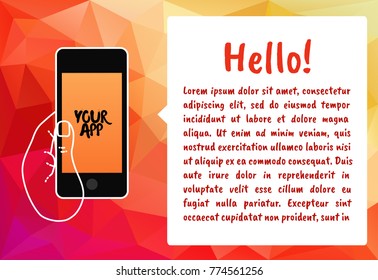 Vector hand with the mobile phone in linear style. Screen of smartphone for presentation of app, email or shopping