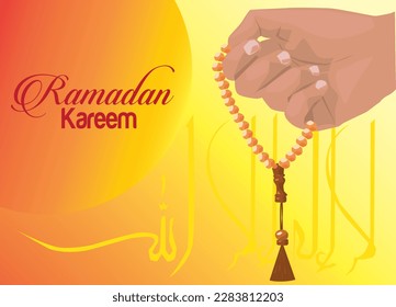 vector hand moslem holding gold rosary tasbeeh dzikr praying in day light dhuha or zuhur time ramadan kareem tahlil font arabic caligraphic gradient sunrise orange color