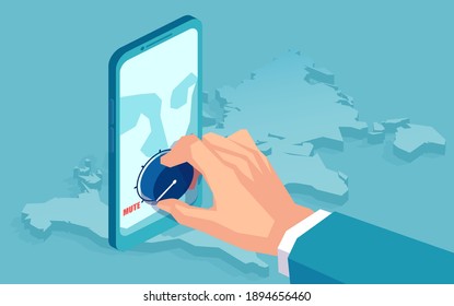 Vector of a hand muting volume down on a smartphone closing down social media account of an user 