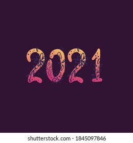 Vector Hand number lettering of 2021. Happy New Year of the Ox. Greeting card design for holiday. Vector illustration