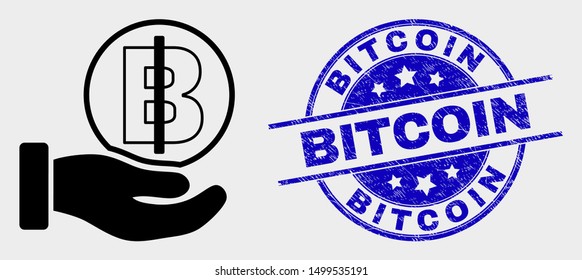 Vector hand offer bitcoin pictogram and Bitcoin seal stamp. Red round textured seal stamp with Bitcoin caption. Vector combination in flat style. Black isolated hand offer bitcoin pictogram.