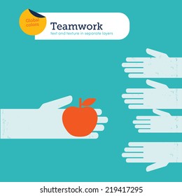 Vector hand offering an apple. Vector illustration Eps10 file. Global colors. Text and Texture in separate layers.