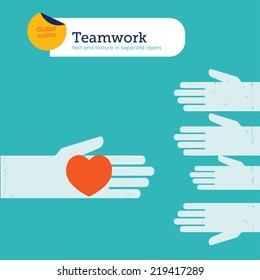 Vector hand offering a heart. Vector illustration Eps10 file. Global colors. Text and Texture in separate layers.