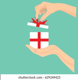 Vector Of Hand Open Giftbox, Give, Presenting Gift With Red Ribbon.
