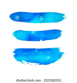 Vector hand paint blue watercolor winter texture with snowflakes isolated on white background. Ink dry brush stains, strokes, splash, smudge. Merry Christmas and Happy New Year poster design.