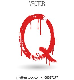 Vector hand paint with dry brush letter Q isolated on white background. Red paint.Calligraphic. Grunge. Alphabet symbol. Brutal aggressive sloppy font. Bloody character. Blood, Halloween. Eps 8.