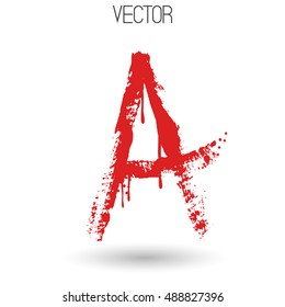 Vector hand paint with dry brush letter A isolated on white background. Red paint.Calligraphic. Grunge. Alphabet symbol. Brutal aggressive sloppy font. Bloody character. Blood, Halloween. Eps 8.