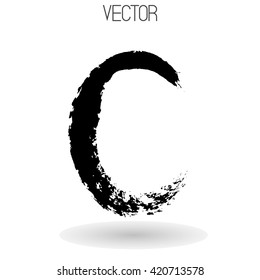 Vector hand paint letter C isolated on white background. Hand drawn letter with dry brush. Black paint. Soft shadow. Calligraphic. Grunge. Alphabet symbol. Brutal aggressive sloppy font.