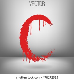 Vector hand paint letter C. Hand drawn letter with dry brush. Red paint.Calligraphic. Grunge. Alphabet symbol. Brutal aggressive sloppy font. Bloody character. Blood, Halloween.
