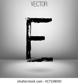 Vector hand paint letter F. Hand drawn letter with dry brush. Black paint. Grey background. Soft shadow. Calligraphic. Grunge. Alphabet symbol. Brutal aggressive sloppy font.