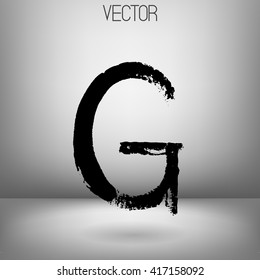 Vector hand paint letter G. Hand drawn letter with dry brush. Black paint. Grey background. Soft shadow. Calligraphic. Grunge. Alphabet symbol. Brutal aggressive sloppy font.