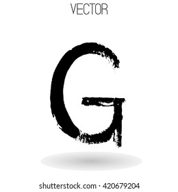 Vector hand paint letter G isolated on white background. Hand drawn letter with dry brush. Black paint. Soft shadow. Calligraphic. Grunge. Alphabet symbol. Brutal aggressive sloppy font.