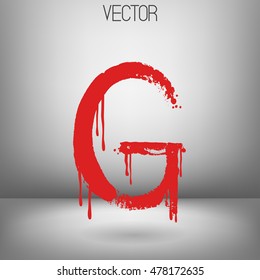 Vector hand paint letter G. Hand drawn letter with dry brush. Red paint.Calligraphic. Grunge. Alphabet symbol. Brutal aggressive sloppy font. Bloody character. Blood, Halloween.