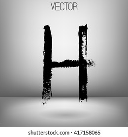 Vector hand paint letter H. Hand drawn letter with dry brush. Black paint. Grey background. Soft shadow. Calligraphic. Grunge. Alphabet symbol. Brutal aggressive sloppy font.
