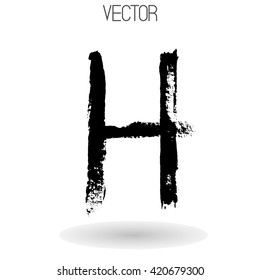 Vector hand paint letter H isolated on white background. Hand drawn letter with dry brush. Black paint. Soft shadow. Calligraphic. Grunge. Alphabet symbol. Brutal aggressive sloppy font.