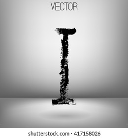 Vector hand paint letter I. Hand drawn letter with dry brush. Black paint. Grey background. Soft shadow. Calligraphic. Grunge. Alphabet symbol. Brutal aggressive sloppy font.