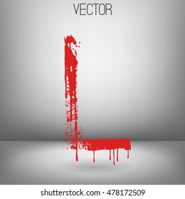 Vector hand paint letter L. Hand drawn letter with dry brush. Red paint.Calligraphic. Grunge. Alphabet symbol. Brutal aggressive sloppy font. Bloody character. Blood, Halloween.