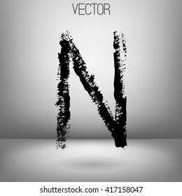 Vector hand paint letter N. Hand drawn letter with dry brush. Black paint. Grey background. Soft shadow. Calligraphic. Grunge. Alphabet symbol. Brutal aggressive sloppy font.