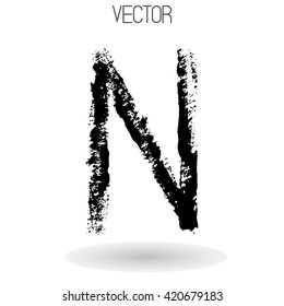 Vector hand paint letter N isolated on white background. Hand drawn letter with dry brush. Black paint. Soft shadow. Calligraphic. Grunge. Alphabet symbol. Brutal aggressive sloppy font.
