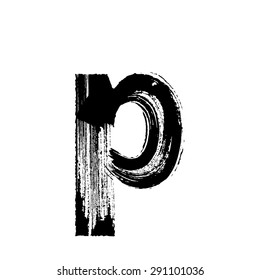 Vector Hand Paint Letter P. Hand Drawn Letter With Dry Brush. Lower Case
