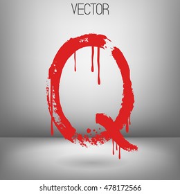 Vector hand paint letter Q. Hand drawn letter with dry brush. Red paint.Calligraphic. Grunge. Alphabet symbol. Brutal aggressive sloppy font. Bloody character. Blood, Halloween.