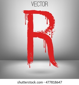 Vector hand paint letter R. Hand drawn letter with dry brush. Red paint.Calligraphic. Grunge. Alphabet symbol. Brutal aggressive sloppy font. Bloody character. Blood, Halloween.