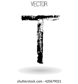 Vector hand paint letter T isolated on white background. Hand drawn letter with dry brush. Black paint. Soft shadow. Calligraphic. Grunge. Alphabet symbol. Brutal aggressive sloppy font.