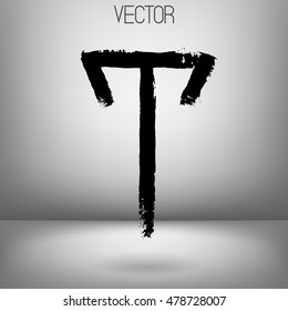 Vector hand paint letter T isolated on white background. Hand drawn letter with dry brush. Black paint. Soft shadow. Calligraphic. Grunge. Alphabet symbol. Brutal aggressive sloppy font.