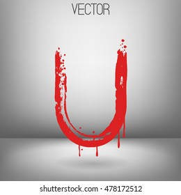 Vector hand paint letter U. Hand drawn letter with dry brush. Red paint.Calligraphic. Grunge. Alphabet symbol. Brutal aggressive sloppy font. Bloody character. Blood, Halloween.