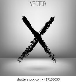 Vector hand paint letter X. Hand drawn letter with dry brush. Black paint. Grey background. Soft shadow. Calligraphic. Grunge. Alphabet symbol. Brutal aggressive sloppy font.