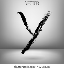 Vector hand paint letter Y. Hand drawn letter with dry brush. Black paint. Grey background. Soft shadow. Calligraphic. Grunge. Alphabet symbol. Brutal aggressive sloppy font.