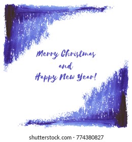 Vector hand paint navy blue, indigo watercolor winter texture isolated on white background. Ink dry brush stains, strokes, splash, smudge. Merry Christmas and Happy New Year poster design frame.