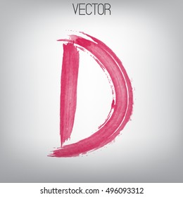 Vector hand paint uppercase letter D. Hand drawn grungy letter with dry brush. Magenta watercolor paint.Calligraphic. Grunge. Alphabet symbol. Sloppy font.