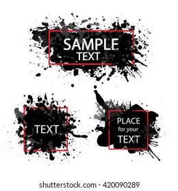 Vector hand painted black watercolor background template. Place for text, quote.  Creative artistic paint splatters, drops. 