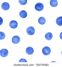 Vector hand painted blue circles seamless pattern on the white background. 