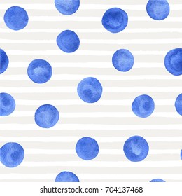 Vector hand painted blue circles seamless pattern on the white background with gray stripes. Textures for your design.