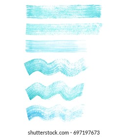 Vector hand painted blue and turquoise grunge straight and wavy brush strokes isolated on the white background. Textures for your design.