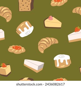 Vector hand painted cafe pastry banana bread, danish, cheesecake, cinnamon buns, croissant illustration.  Cute flat simple hand drawn seamless pattern, wallpaper background, wrapping paper design