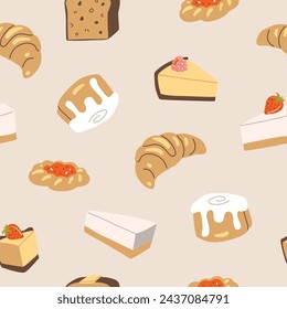 Vector hand painted cafe pastry banana bread, danish, cheesecake, cinnamon buns, croissant illustration.  Cute flat simple hand drawn seamless pattern, wallpaper background, wrapping paper design
