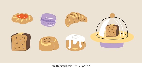 Café vectorial pintado a mano deliciosa pastelería danesa, pan bananero, cruasán, macarrones y panecillos de canela, ilustración de postres. Colección de iconos planos simples dibujados a mano 